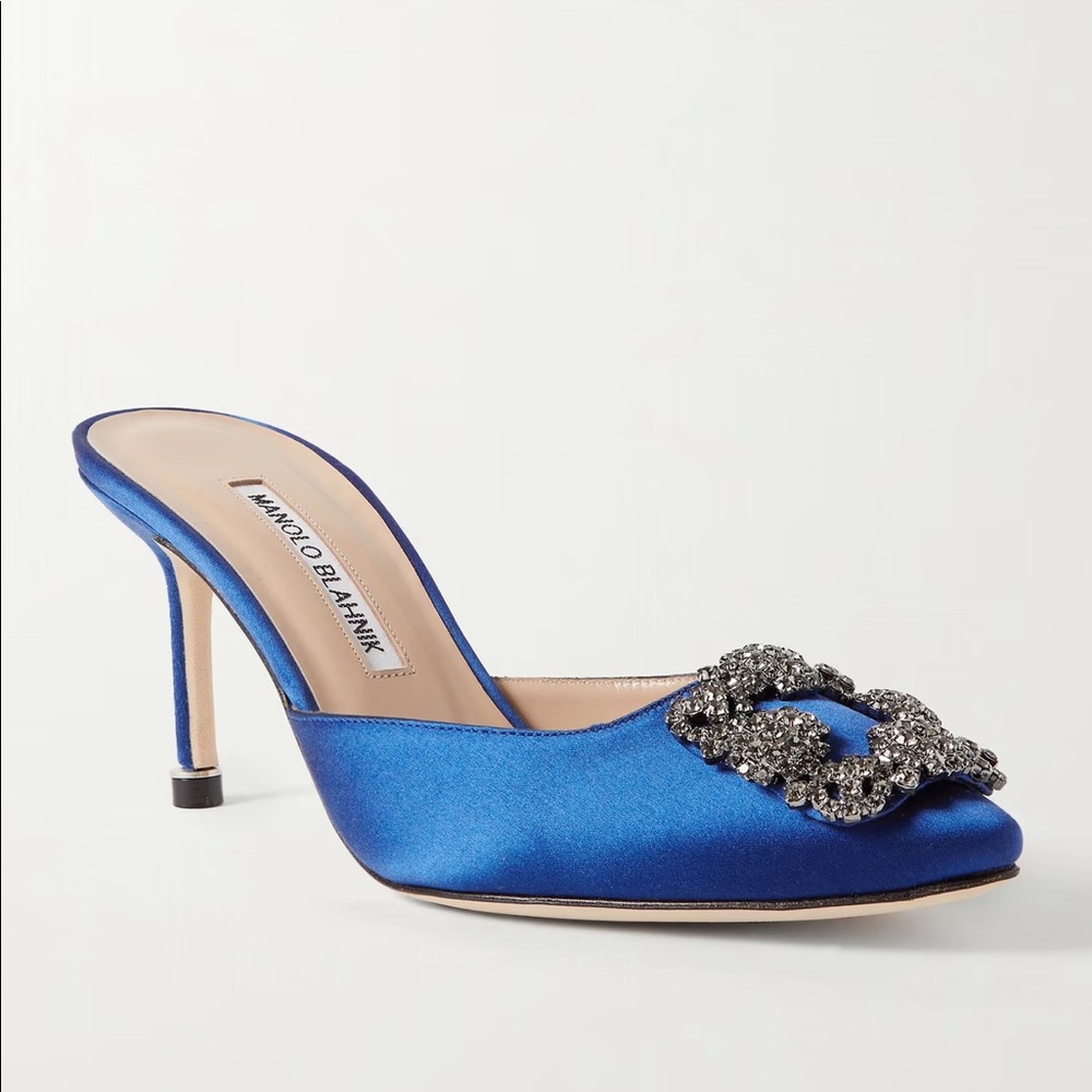 Manolo Blanhik Hangisimu blue satin jewel buckle mules size 40 // 10 US